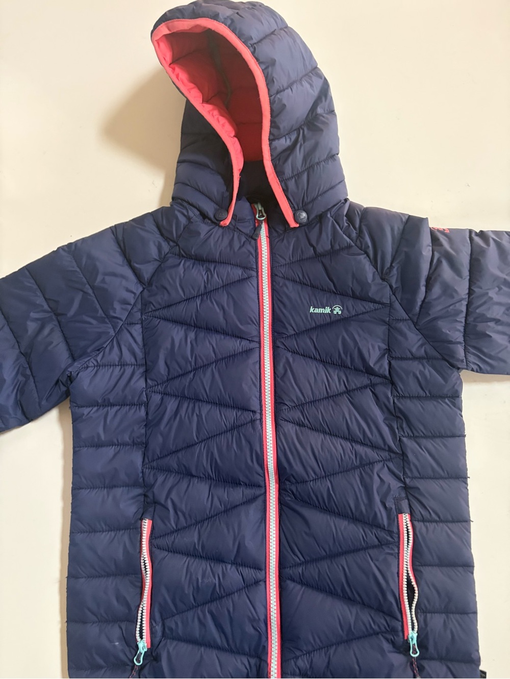Kamik Navy Puffer Jacket with Pink Trim and Hood